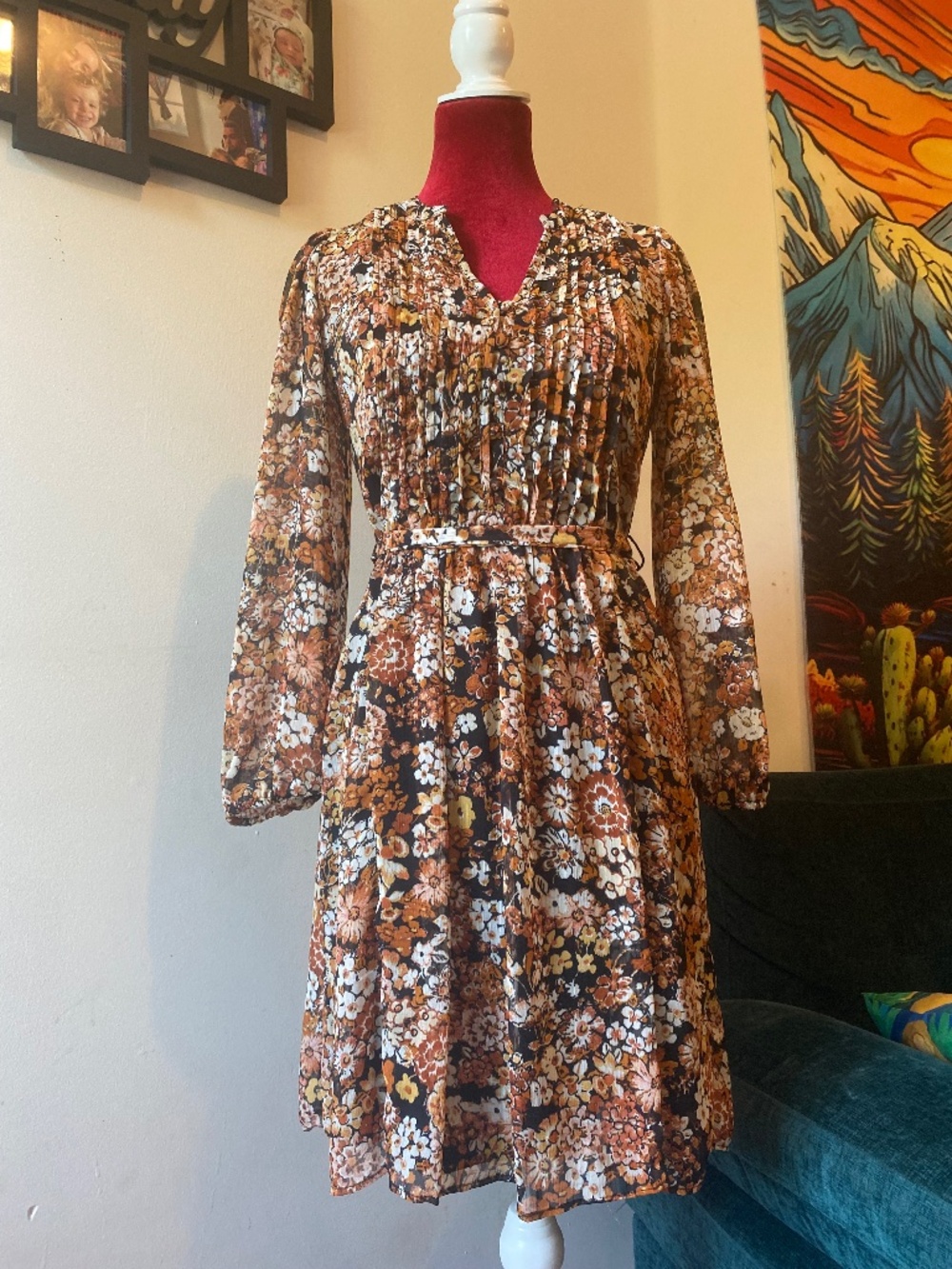 MSK floral print chiffon dress with long sleeves and pleated details